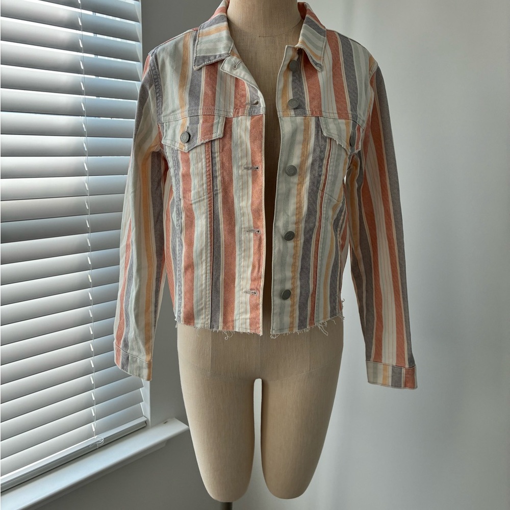 NWT Mavi Jean Multi-Colored Striped Denim Distressed Cropped Jacket